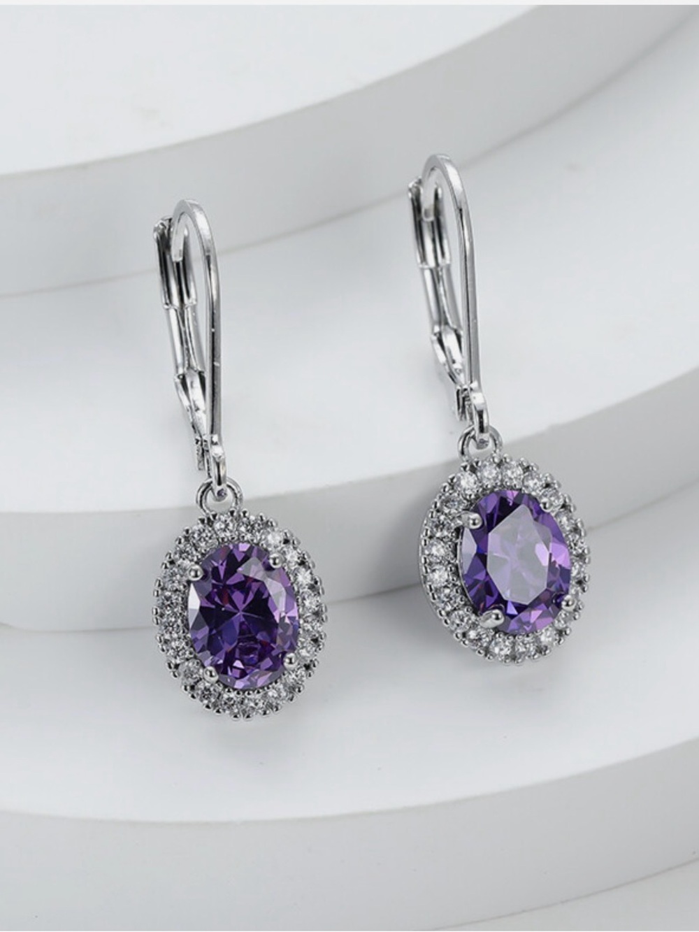 Sterling Silver Halo Drop Earrings with Purple Gemstone